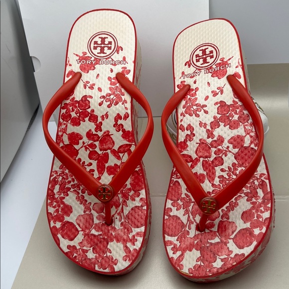 Tory Burch Red Floral Women's Sandals Size 7 Good Condition - Picture 6 of 7
